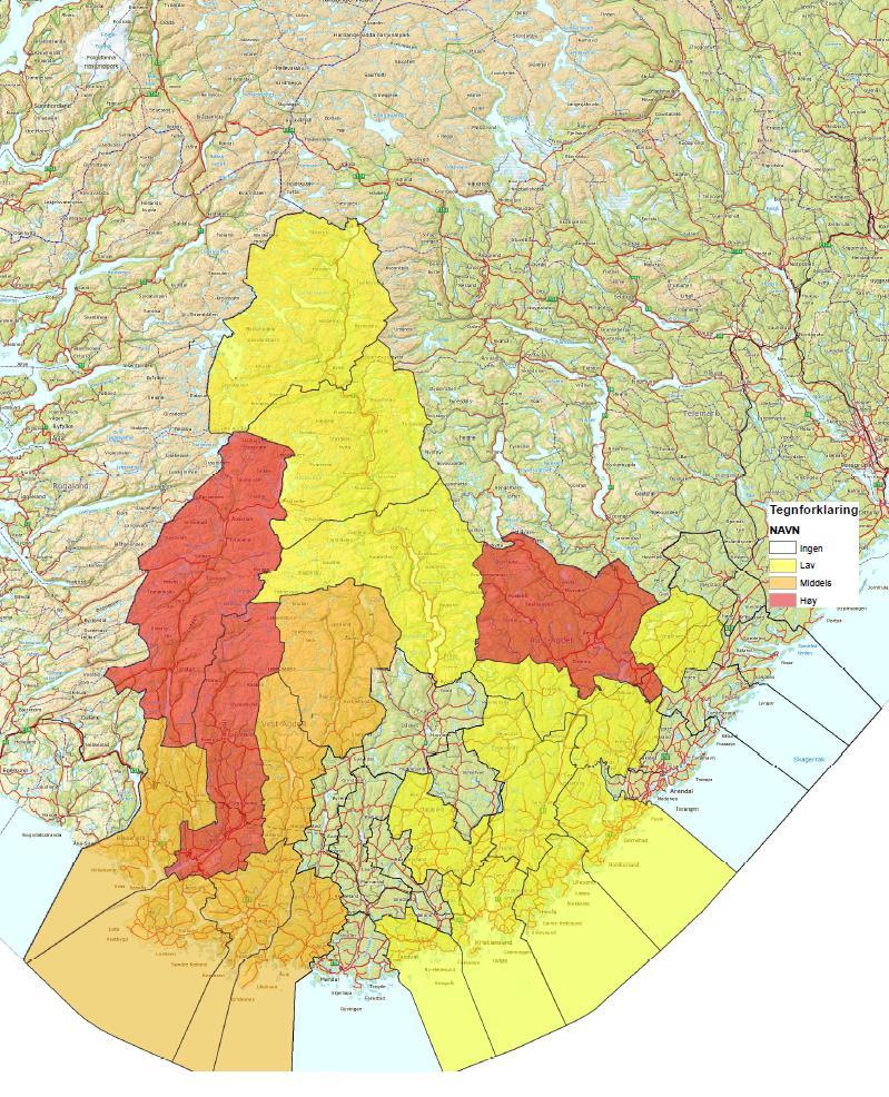 Figur 6. Områder som mangler farge har ingen registrerte territorier, de gule har lav tetthet og de oransje er middels tetthet.