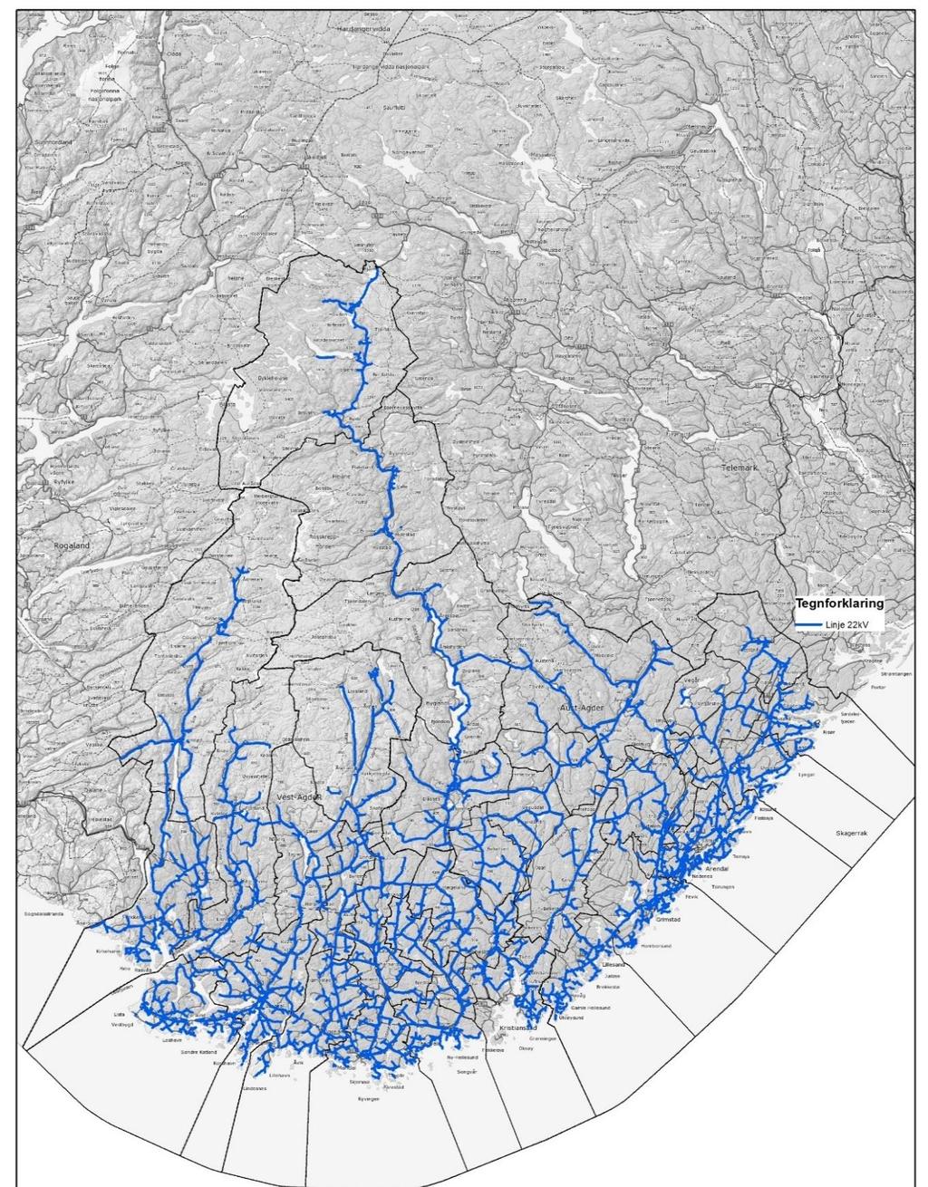 AEN. Kartskisse som viser fordeling av 22 kv linje nett i de to Agderfylkene, eid av AEN med unntak av mindre strekk i øvre del av Kvinesdal og Sirdal.