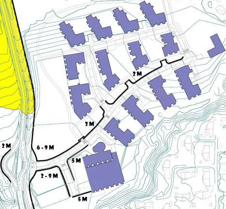 RIA - støyutredning Støyskjermingen gir gode muligheter for utendørs oppholdsareal i hvit støysone. Figur 5 viser høyder på støyskjermer og kombinerte støyskjermer/-voller.