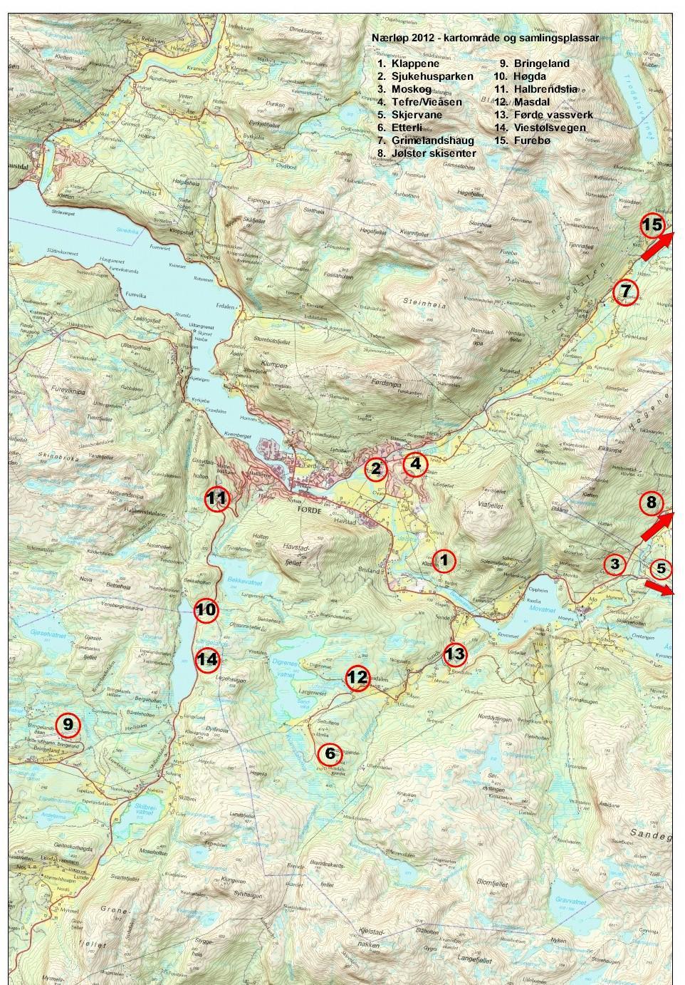 Nærløp 2012 kartområde og samlingsplassar (Terminlista og kartet kan du også