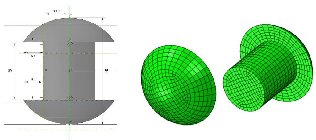 (a) (b) Figur 5-8: (a) viser dimensjonene på nagler benyttet i oppgaven. (b) viser mesh og elementinndeling over naglehodet og nagleskaftet.