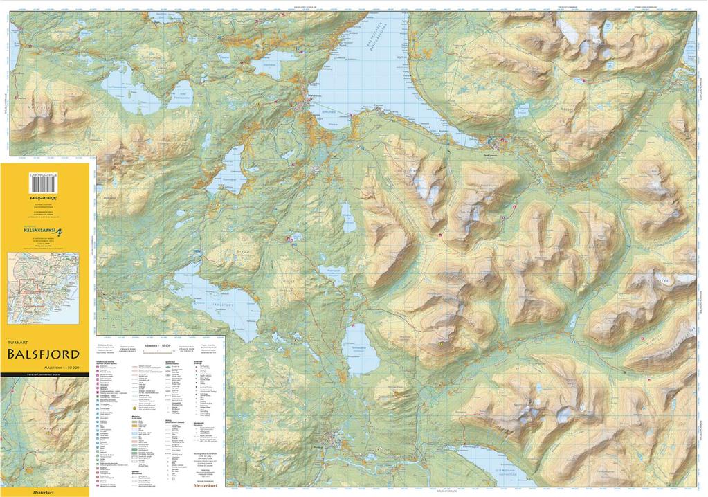 Turkart Balsfjord - Mesterkart Et kart med kjent «Mesterkart-kartografi». Flott kart med 3D virkning ved hjelp av fjellskygge, der også breene er inkludert med en blåaktig skygge.