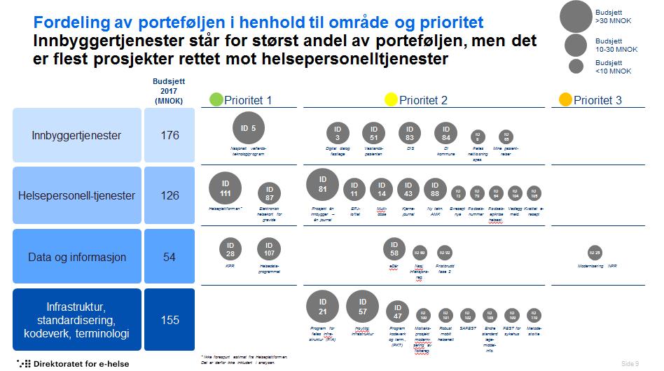 1: Generell analyse av porteføljen Direktoratet for e-helse og Helsedirektoratet eier tilsammen 70 % av porteføljen, hvorav Direktoratet eier den største andelen på 47 % som også inkluderer