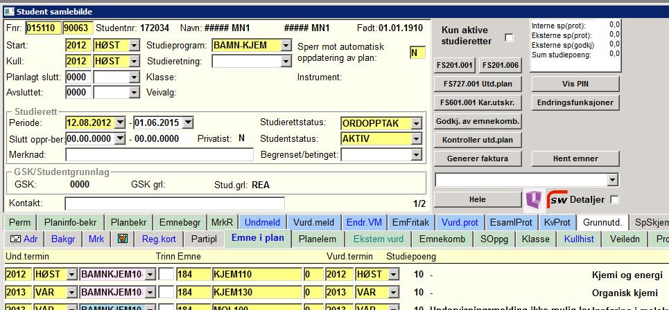 6. Student samlebilde De ulike elementene i utdanningsplanen ligger spredt i flere underbilder. Bruk rapport 727.001 som samler all informasjonen og tilsvarer det studenten ser på studentweb.