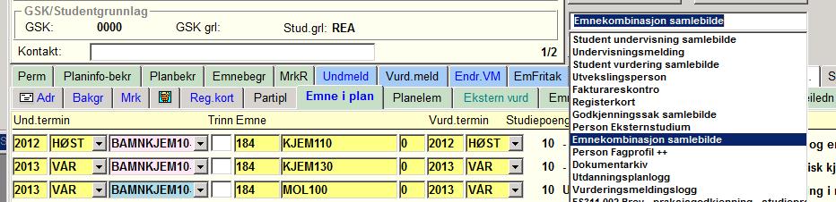 10. Kategorier Bruk snarveimenyen for å komme til gjeldende emnekombinasjonen.