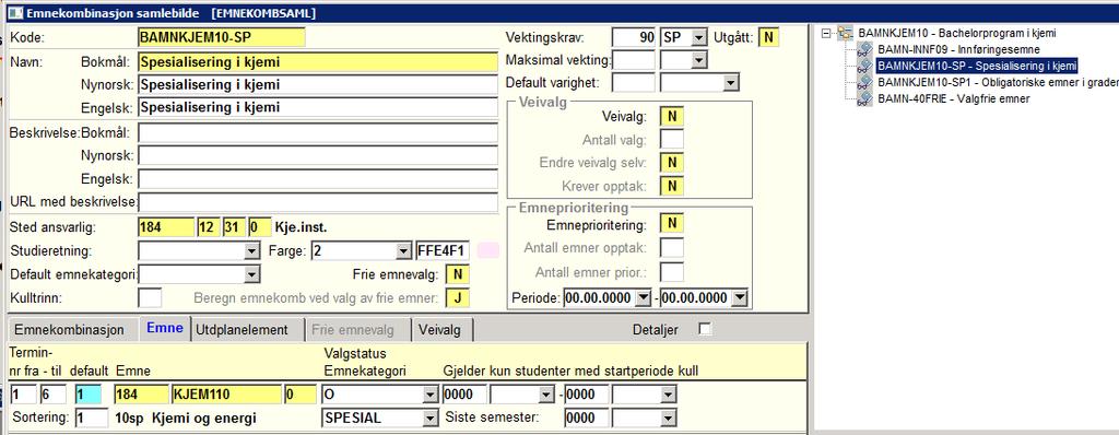 Hvert emne i utdanningsplanen til studenten er knyttet til en kategori/kode som må korrespondere med