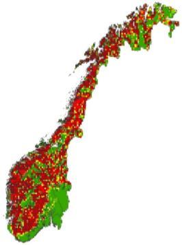 hekkende kongeørnpar i Norge i perioden 2010-2014 Ekstensiv overvåking: estimatet bygger kun på kjent forekomst av kongeørn fra Rovbase kombinasjonen av «hvite» områder og at mange av de kjente