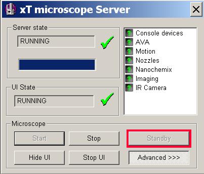 Wait until Server state shows Stopped, then click Standby on the xt Microscope Server dialog box (see Figure 8). Figure 8 xt Microcsope server dialog box 9.