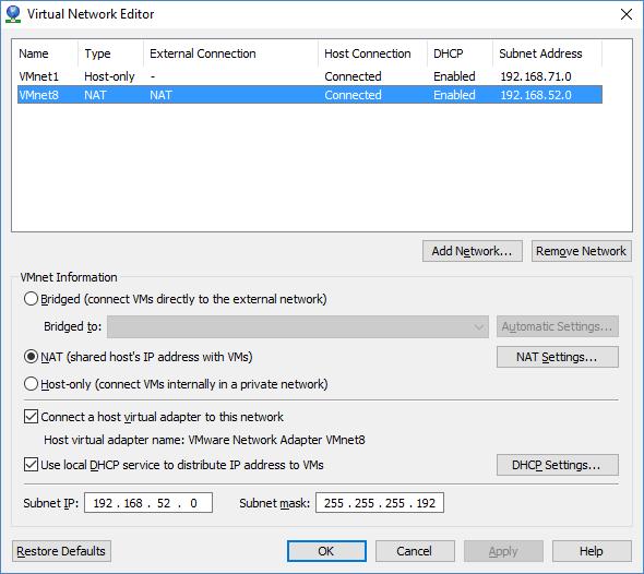 3. Modifiser IP-konfigurasjonen for nettet VMnet8 slik at det benytter et IP-nett med 64 IP-adresser der laveste adresse er 192.168.52.0. Hvilken subnetmaske må du bruke? Obs!