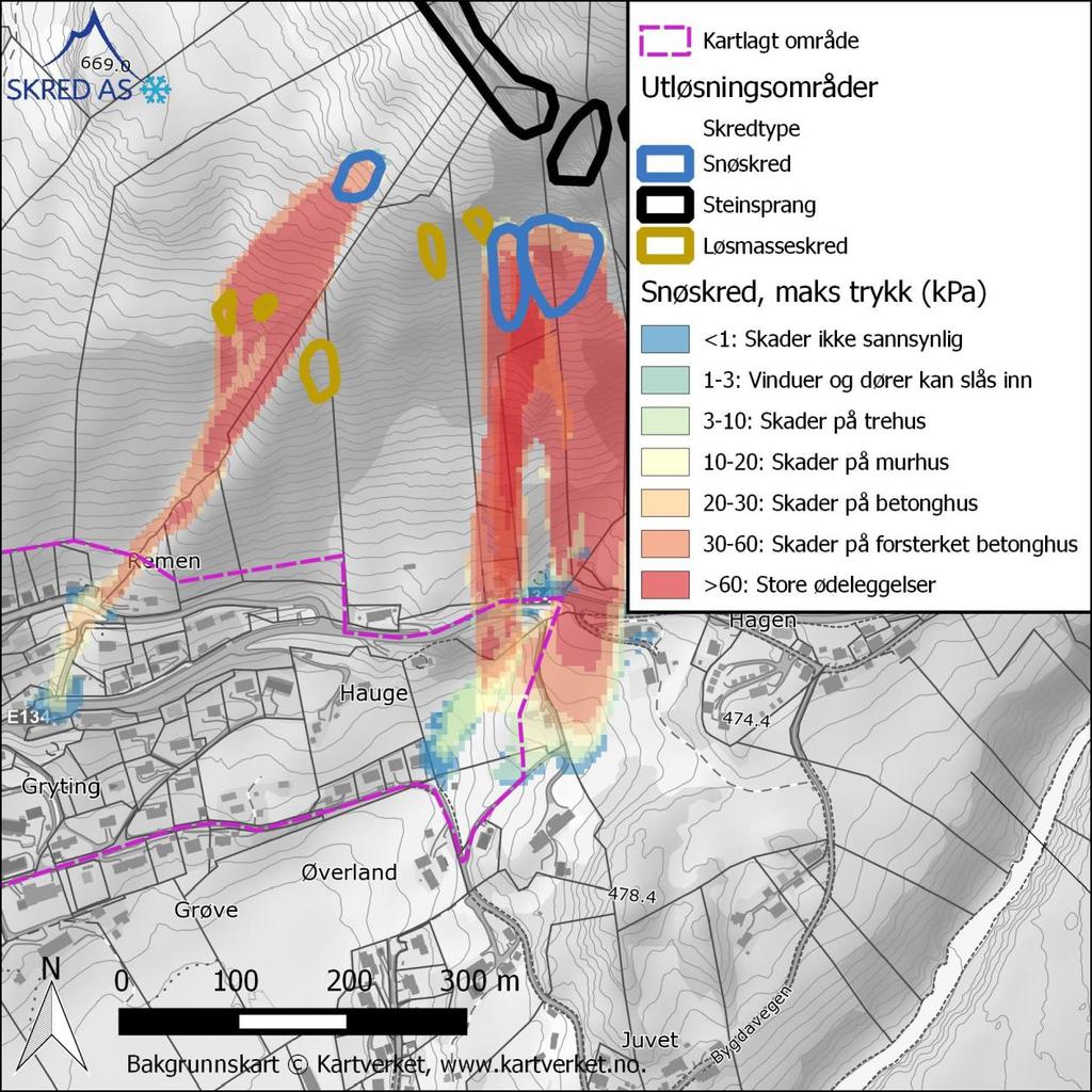 Figur 10: Beregnet skredutbredelse og trykk fra snøskred.