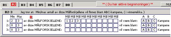 3 mål i kamp A 2 mål i kamp B (Betyr ingenting.) 5 mål i kamp C EKSEMPEL i B2 3 (Målforskjellene) Her har vi sakt at MÅLFORSKJELLEN i minst 2 av kampene vil være 1 2 eller 3 mål.