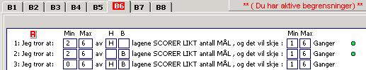 Det er helt valgfritt om man benytter en eller flere av utgangsrekkene. Ved å klikke på de blå merkene utelukker man denne rekken i oppsettet. EKSEMPEL i B6 - SCORER LIKT ANT.