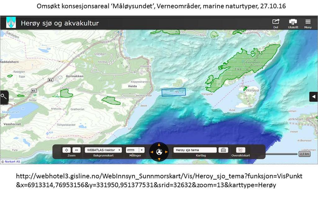 2.1: Omsøkt areal ved Måløysundet i forhold til Herøy kommuneplan (sjøareal).