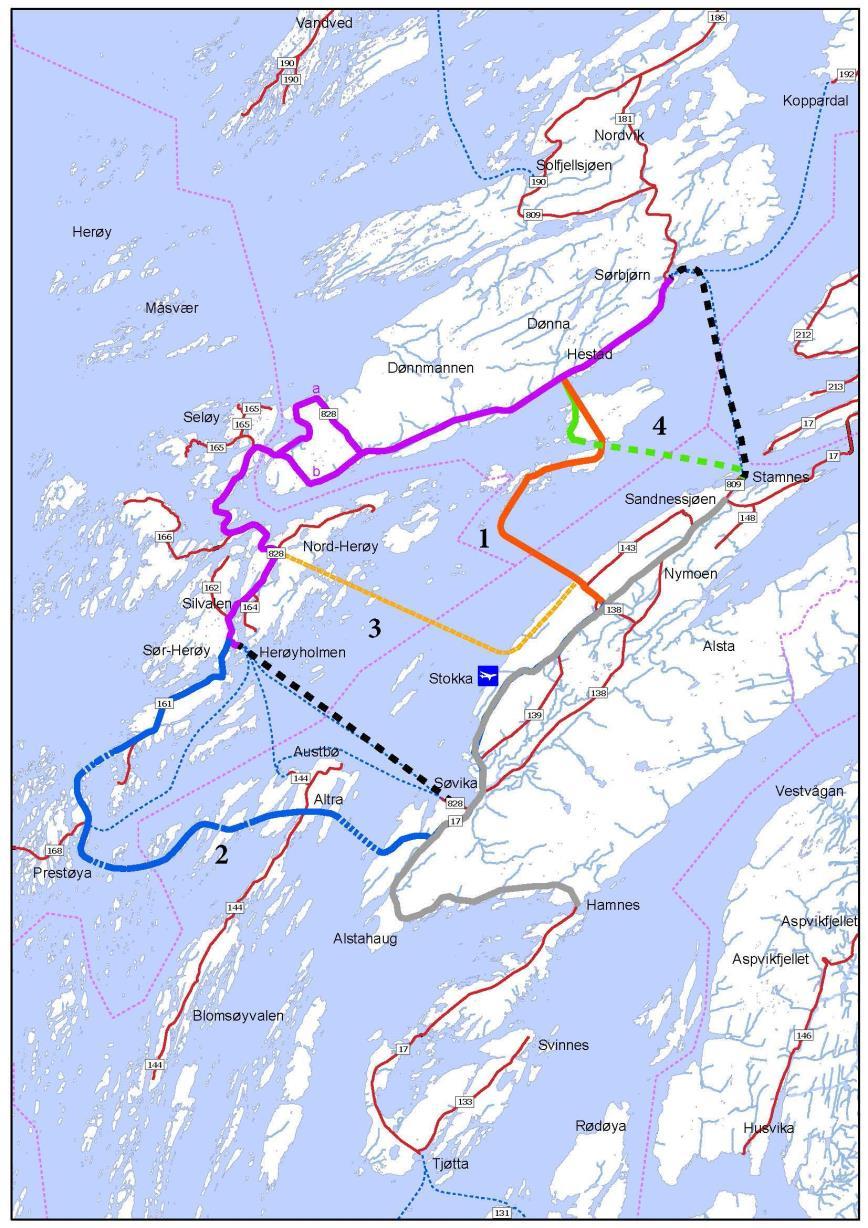 Dagens fergeforbindelser Søvik- Flostad og Bjørn Sandnessjøen erstattes gjennom konsept ved at det fra fylkesvei 17 nord for Alstahaug kirke bygges vei og skråstagbro (1365m) over Alstenfjorden til