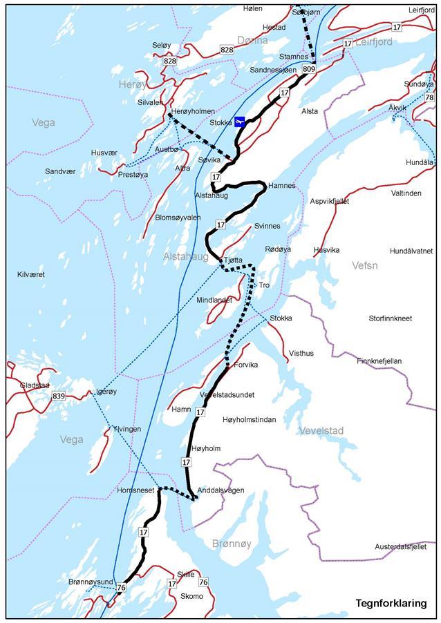 Brønnøysund-Sandnessjøen 0+ Mindre investerings- og ferjetiltak Kjøretid 149 min Spart tid -45 min Kjørelengder 69 Antall ferger Km Tunnel 10 Investering 45 mrd Netto nytte 114 mrd Netto nytte pr