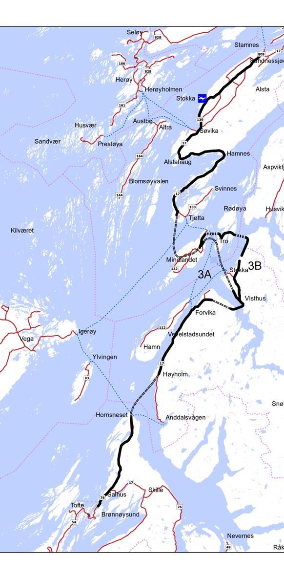 3A/3B Fergefritt Stokkafjord tunnel Stokkafjord bru Kjøretid 86 89 min Spart tid -118-115 min Kjørelengder 97 100 Antall ferger 1 1 Km Tunnel 30 19 + 4 Investeringskostnad 11,8 mrd 1,8mrd Netto nytte