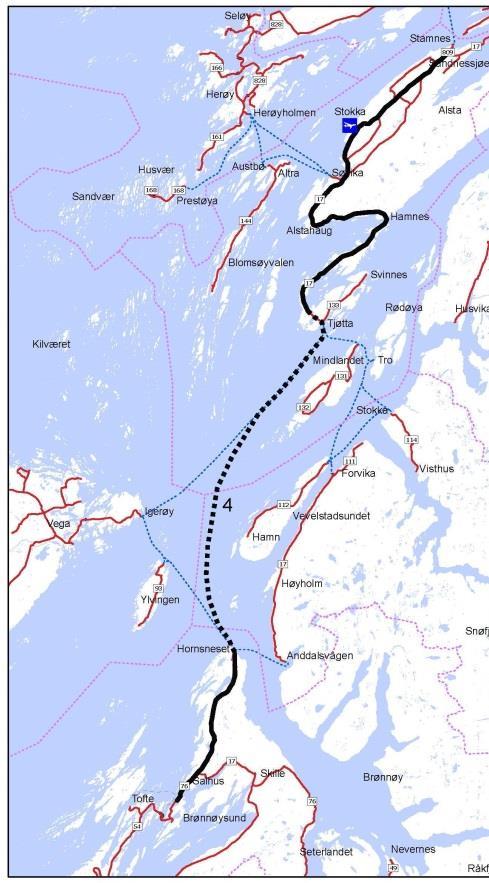 Kjøretid Spart tid 4 Direkte hurtigferge Horn- 107 min (149 min tungtransport) -87 min (- 45 min tungtransport) Kjørelengder 51 Antall ferger 1 ()* Km Tunnel 0 Investering 0 Netto nytte -1 439 Netto