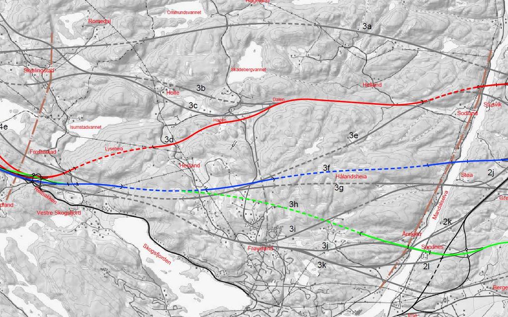 5.3 Delstrekning 3, Mandalselva - Reibakken: Kartutsnitt Mandalselva - Reibakken Korridorer som foreslås videre utredet: Korridor 3d nordre korridor, illustrert med rød linje.