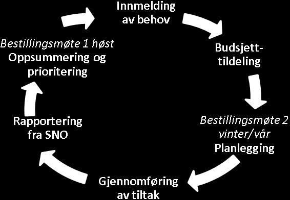 Figuren beskriver årshjulet for bestillingsdialogen. Bestillingsmøte 1 avholdes i november/desember. Der gjennomgås status, utfordringer og behov for feltoppgaver og tiltak.