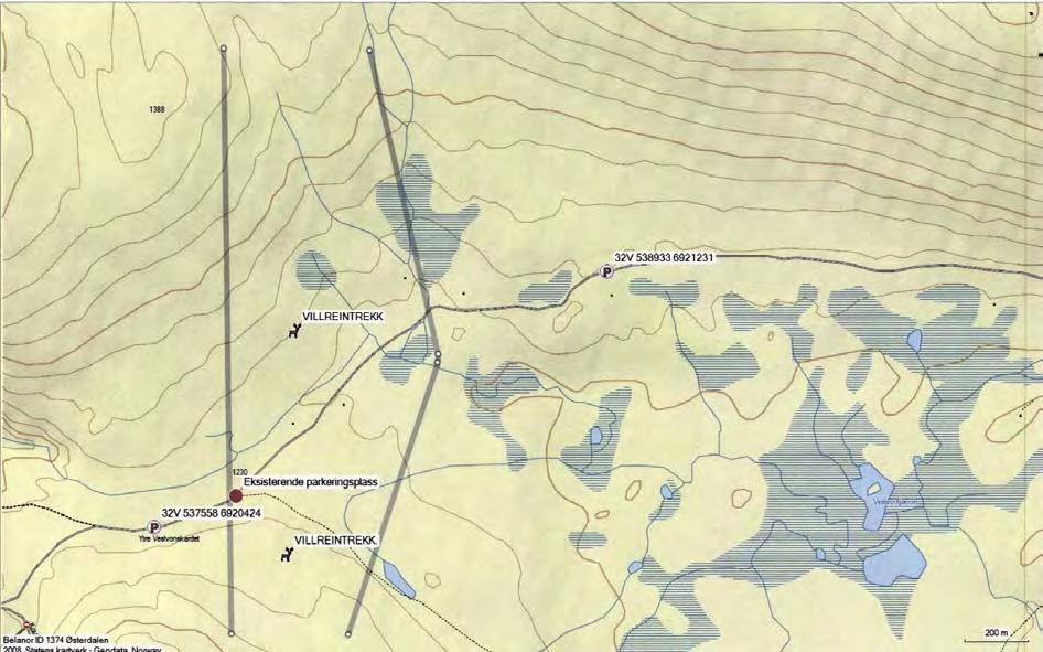 Kart 3: Villreintrekk og nåværende og planlagte parkeringsplasser ved Veslvonin. Ny bru over Stridåa ved Snøheim turisthytte DNT Oslo og Omegn søker i epost 25.11.2014 om 10 000 kr.