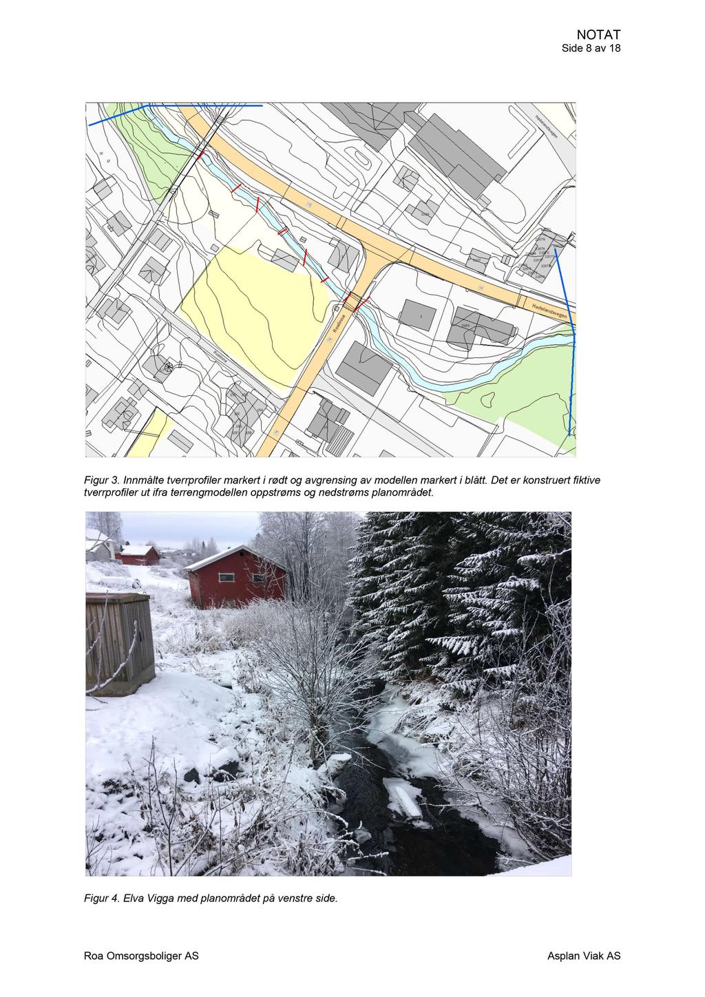 Side 8 av 18 Figur 3. Innmålte tverrprofiler markert i rødt og avgrensing av modellen markert i blått.