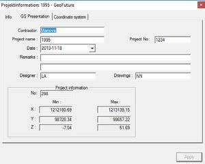 prosjektmappen i GeoSuite Toolbox og velg Project Info : Man får da opp en dialog med tre faner Pass på at disse er fylt