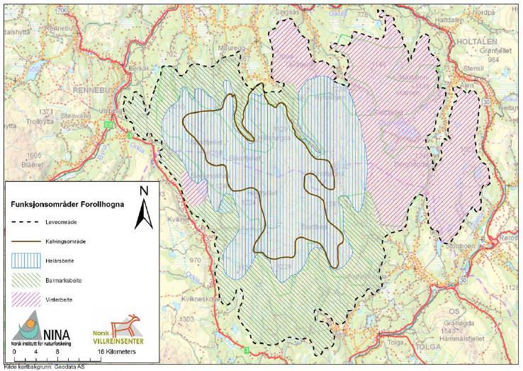 Temakart villrein - arealbruk Norsk institutt for naturforskning (NINA) har utarbeidet kart over funksjonsområder for villreinen i Forollhogna 5.