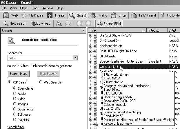 2. Samtlige fire applikasjoner tillater søk etter andre brukeres filer. Figur 5: Skjermbilde av søk i Kazaa Resultater (eller såkalte treff 14 ) fremstilles grafisk i eget vindu med informasjon om f.