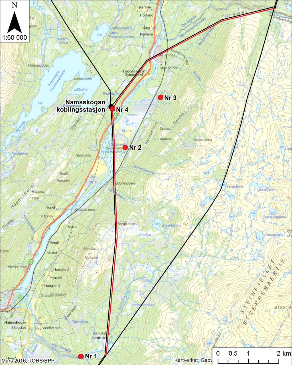 3. På enden av skogsbilveg inn Sandåmolia øst for jernbanen. 4.