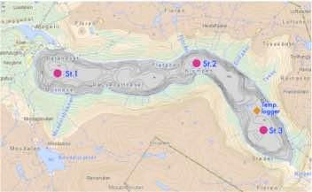 Figur 2. Dybdekart og stasjonsplasseringer for Ringedalsvatnet (Kilde NVE, Statkart). Stasjonsangivelsene angir posisjonen for måling av siktedyp og vannprøver. 2.2 Prøvefiske og vannprøver For å kartlegge hvorvidt gjødslingen i 2013 også hadde effekter på fiskebestanden i 2014 ble det gjort et prøvefisket med garn 13.