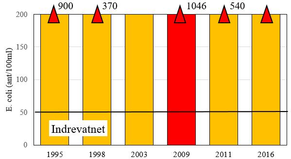 resultatene viser at det ikke er noen vesentlig reduksjon i dette selv etter at avløpssaneringen var fullført rundt innsjøen i 2010 (figur 18). Figur 18.