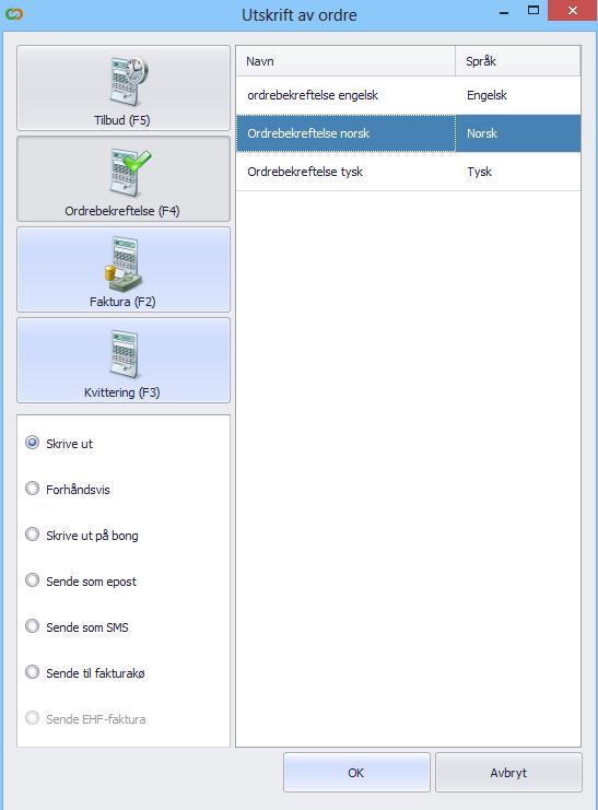Steg 4 Ordrebildet: Bookingen er ferdig, for videre behandling velg Utskrift F9 og deretter velg Faktura, Kvittering, Ordrebekreftelse eller Tilbud.