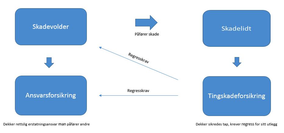 Som figuren viser er det forsikringsselskapet som har dekket skaden som er regressøkende part. Selskapet kan velge om det vil forholde seg til skadevolder eller ansvarsforsikringsselskapet, jf.