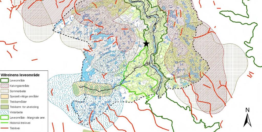 Figur 16. Villreinens leveområde i Valle kommune, slik den er vist i Heiplanen (www.heiplanen.no). Det framgår at tiltaksområdet (svart stjerne) ligger innenfor villreinens «marginale områder».