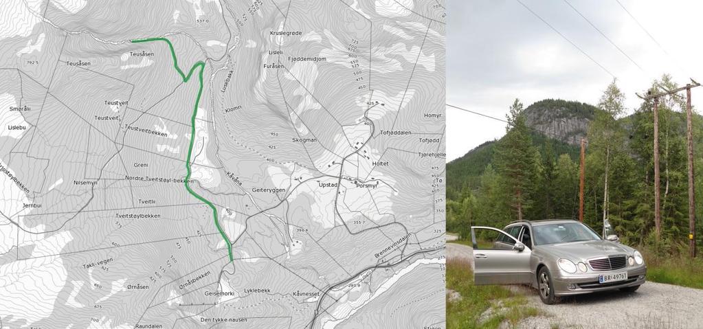 Figur 32. Jordkabeltrasé: Grønn linje viser planlagt nettilknyting i form av jordkabel langs veikant mot eksisterende 22 kv linje ved Uppstad (kilde: Uppstad kraftverk AS).