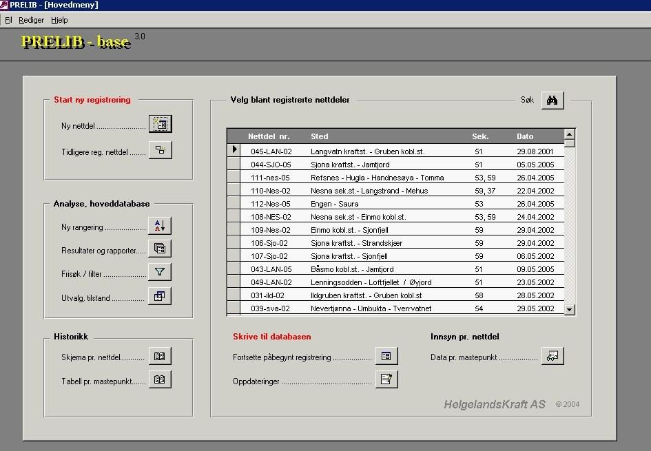 Hovedmeny Figur 38 Hovedmeny i Prelib Fra hovedmenyen gjøres registreringer og oppdateringer og man har innsyn i dataene slik at analyse og historikk er tilgjengelig.