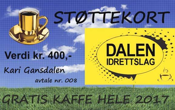 Støttekort for bedrifter og enkeltpersoner FOR ALLE! Dalen IL er 100 % dugnadsdrevet og alle våre inntekter går til aktiviteter og anlegg.