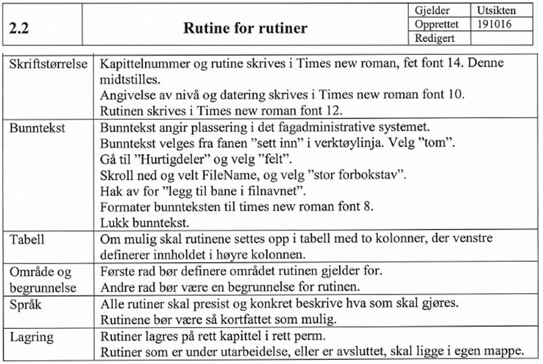 Fagadministrativt system på Utsikten Rutine for rutiner Endringsprotokoll Signeringsliste Tanker om FAS