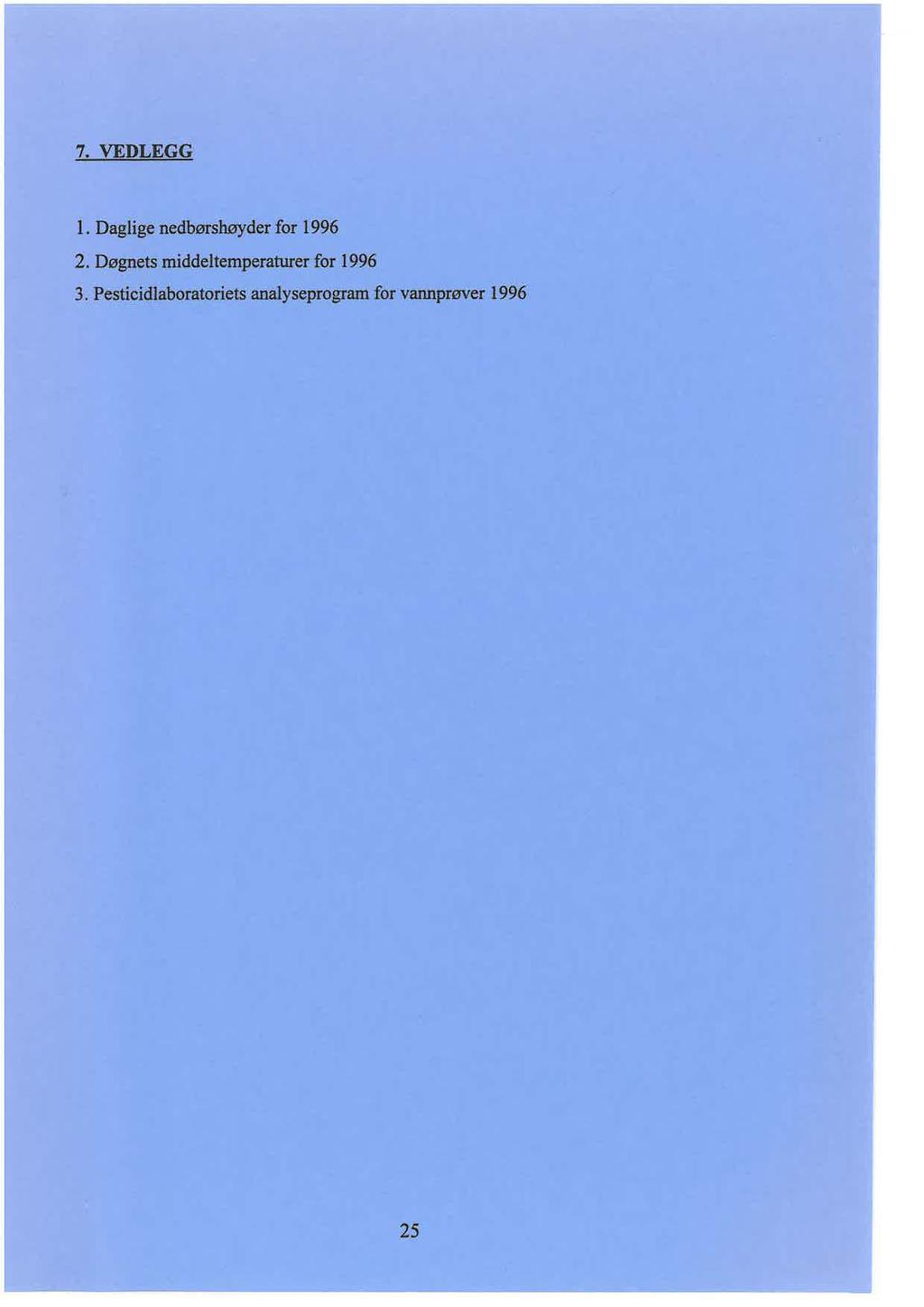 7. VEDLEGG l. Daglige nedbørshøyder for 1996 2.