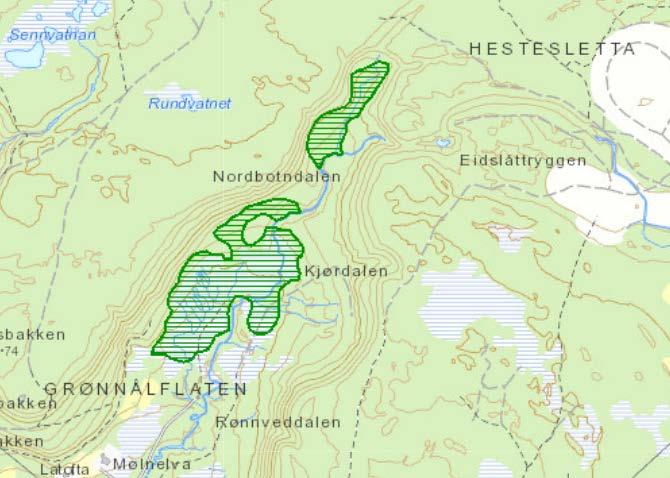 Figur 6: Kart som viser kildemyrens plassering i Nordbotndalen. Kilde: Naturbase. Langs begge sider av Nordbotndalen er det kildeutspring.