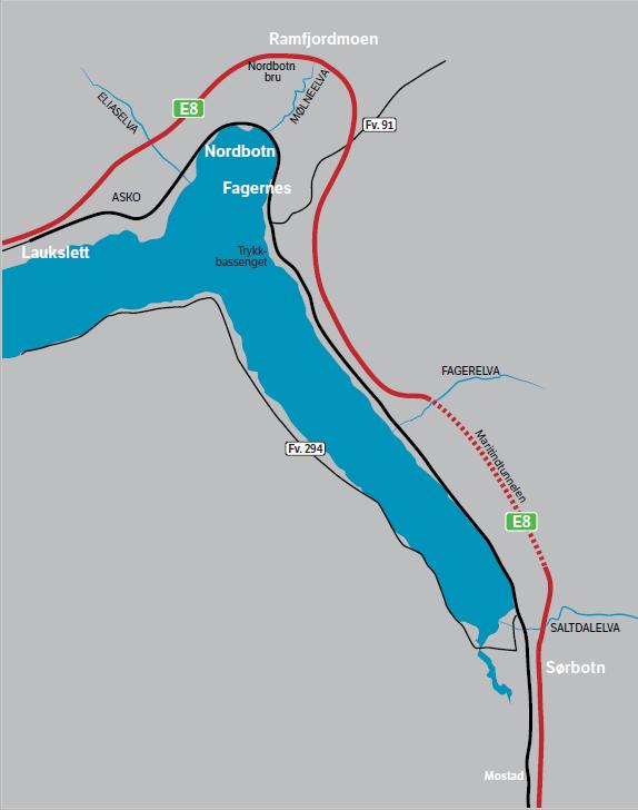 6. Beskrivelse av forslag til detaljregulering Kapittel 6 gir en beskrivelse av den nye E8 fra Sørbotn til Laukslett med dens nærliggende areal og tiltak som skal bli bygd i forbindelse med den nye
