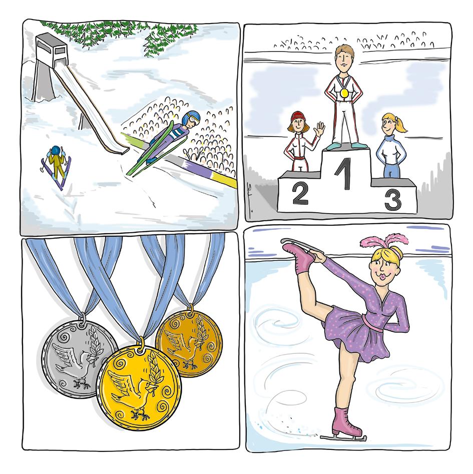 Le olimpiadi invernali. il trampolino da sci. il saltatore con gli sci. la tribuna. il campione. il podio. la medaglia d oro. la medaglia d argento. la medaglia di bronzo.