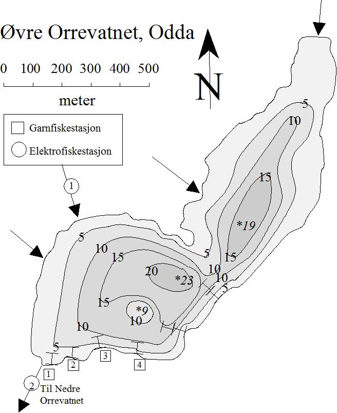 6 ØVRE ORREVATNET I ODDA INNSJØEN Øvre Orrevatnet (LM 73 58, 1315-2) ligger i Hildalsvassdraget (48.CE) i de sentrale fjellområdene av Odda kommune, 1164 moh.