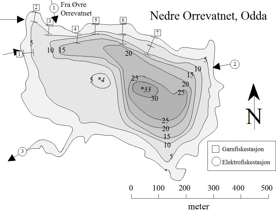 7 NEDRE ORREVATNET I ODDA INNSJØEN Nedre Orrevatnet (LM 73 568, 1315-2) ligger i Hildalsvassdraget (48.CE) i de sentrale fjellområdene i Odda kommune, 1111 moh.