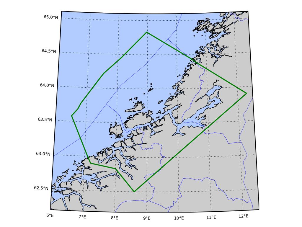 Område 6: Nordmøre og Sør-Trøndelag Produksjonsområde 6 avgrenses ved 30 nautiske mil fra grunnlinjen og følgende linjer: 1.