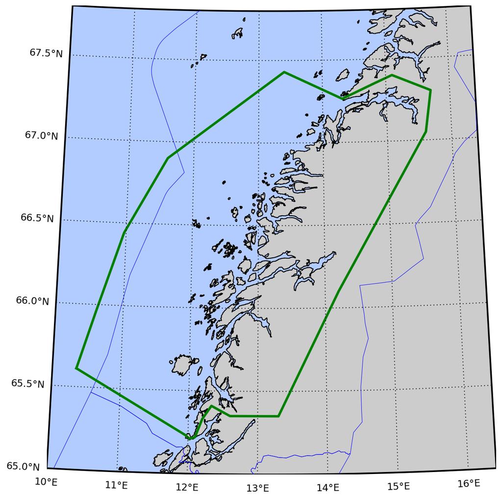 Område 8: Helgeland til Bodø Produksjonsområde 8 avgrenses ved 20 nautiske mil fra grunnlinjen og følgende linjer: 1. Langøya ved Kvaløya (Sømna) N 65 13.