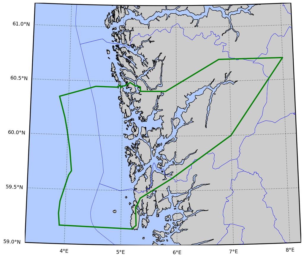 Område 3: Karmøy til Sotra Produksjonsområde 3 avgrenses ved 30 nautiske mil fra grunnlinjen og følgende linjer: 1. Karmøy ved Syreneset, N 59 08.88 Ø 5 11.58 til åpen sjø N 59 10.20 Ø 3 54.00 2.