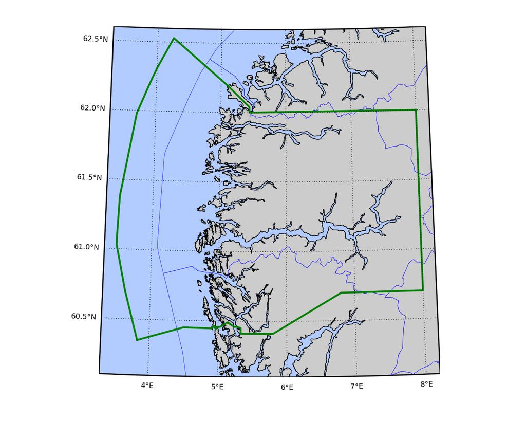 Område 4: Nordhordland til Stadt Produksjonsområde 4 avgrenses ved 30 nautiske mil fra grunnlinjen og følgende linjer: 1. Søndagsholmen ved Turøy N 60 26.76 Ø 4 54.24 til åpen sjø N 60 27.00 Ø 4 30.