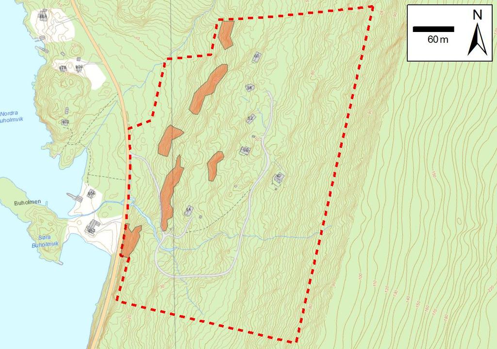 Figur 9: Faresonekart for planområdet. Soner med skredfare større enn 1/1000 er markert med røde polygoner.