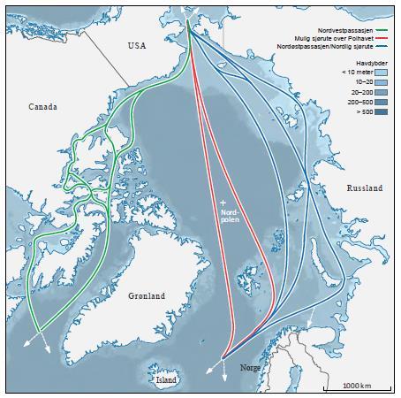 Figur 14-2 Hovedruter for forventet skipstrafikk gjennom Polhavet. Direkterutene må ses på som som korridorer med mange seilingsmuligheter /16/. Kilde: Meld. St. 20 (2014-2015) /23/ 14.